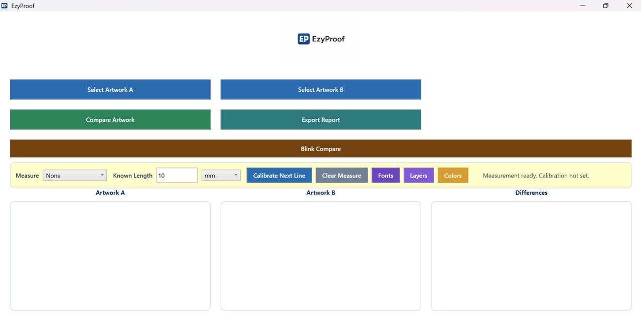 EzyProof screenshot showing artwork selection, compare controls, and difference review panels